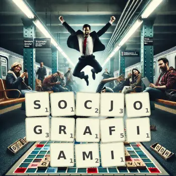 Kreatywna ilustracja do gry w Scrabble ze słowem SOCJOGRAFIAMI ułożonym z płytek na planszy.