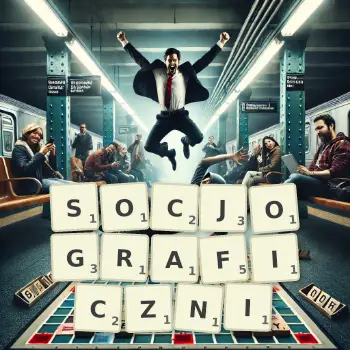 Kreatywna ilustracja do gry w Scrabble ze słowem SOCJOGRAFICZNI ułożonym z płytek na planszy.