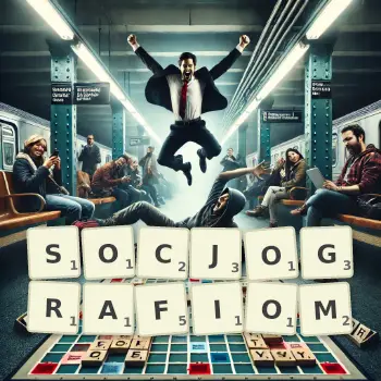Kreatywna ilustracja do gry w Scrabble ze słowem SOCJOGRAFIOM ułożonym z płytek na planszy.