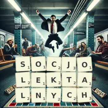 Kreatywna ilustracja do gry w Scrabble ze słowem SOCJOLEKTALNYCH ułożonym z płytek na planszy.