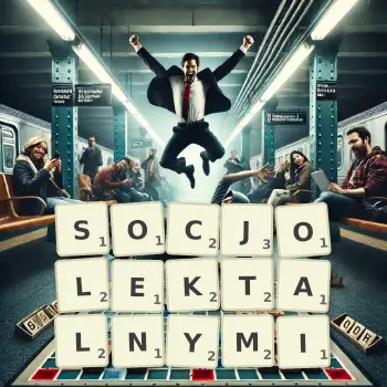 Kreatywna ilustracja do gry w Scrabble ze słowem SOCJOLEKTALNYMI ułożonym z płytek na planszy.