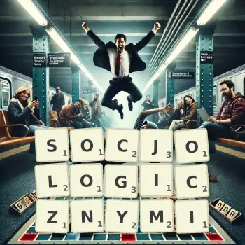 Kreatywna ilustracja do gry w Scrabble ze słowem SOCJOLOGICZNYMI ułożonym z płytek na planszy.