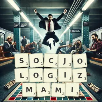 Kreatywna ilustracja do gry w Scrabble ze słowem SOCJOLOGIZMAMI ułożonym z płytek na planszy.