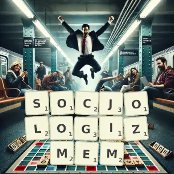 Kreatywna ilustracja do gry w Scrabble ze słowem SOCJOLOGIZMEM ułożonym z płytek na planszy.