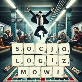 Kreatywna ilustracja do gry w Scrabble ze słowem SOCJOLOGIZMOWI ułożonym z płytek na planszy.