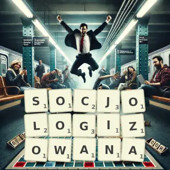Kreatywna ilustracja do gry w Scrabble ze słowem SOCJOLOGIZOWANA ułożonym z płytek na planszy.