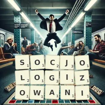 Kreatywna ilustracja do gry w Scrabble ze słowem SOCJOLOGIZOWANI ułożonym z płytek na planszy.