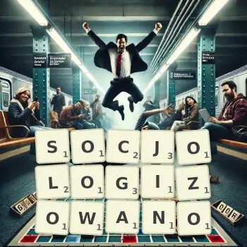 Kreatywna ilustracja do gry w Scrabble ze słowem SOCJOLOGIZOWANO ułożonym z płytek na planszy.