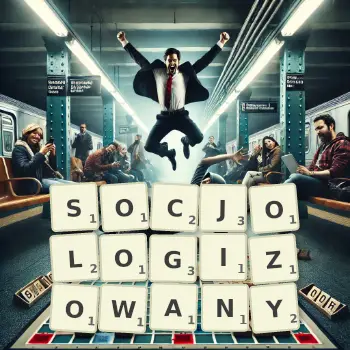 Kreatywna ilustracja do gry w Scrabble ze słowem SOCJOLOGIZOWANY ułożonym z płytek na planszy.
