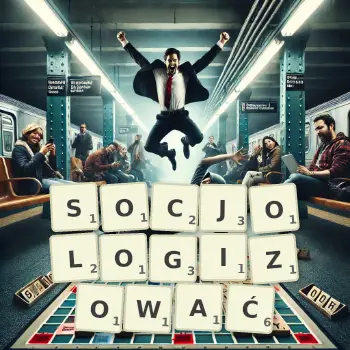 Kreatywna ilustracja do gry w Scrabble ze słowem SOCJOLOGIZOWAĆ ułożonym z płytek na planszy.