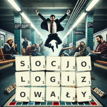 Kreatywna ilustracja do gry w Scrabble ze słowem SOCJOLOGIZOWAŁY ułożonym z płytek na planszy.