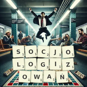 Kreatywna ilustracja do gry w Scrabble ze słowem SOCJOLOGIZOWAŃ ułożonym z płytek na planszy.