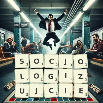 Kreatywna ilustracja do gry w Scrabble ze słowem SOCJOLOGIZUJCIE ułożonym z płytek na planszy.