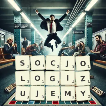 Kreatywna ilustracja do gry w Scrabble ze słowem SOCJOLOGIZUJEMY ułożonym z płytek na planszy.