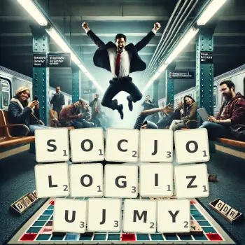 Kreatywna ilustracja do gry w Scrabble ze słowem SOCJOLOGIZUJMY ułożonym z płytek na planszy.