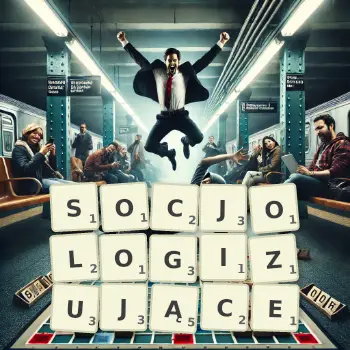 Kreatywna ilustracja do gry w Scrabble ze słowem SOCJOLOGIZUJĄCE ułożonym z płytek na planszy.