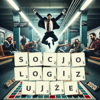 Kreatywna ilustracja do gry w Scrabble ze słowem SOCJOLOGIZUJŻE ułożonym z płytek na planszy.