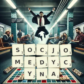 Kreatywna ilustracja do gry w Scrabble ze słowem SOCJOMEDYCYNA ułożonym z płytek na planszy.