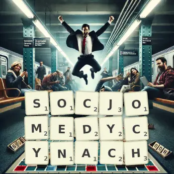 Kreatywna ilustracja do gry w Scrabble ze słowem SOCJOMEDYCYNACH ułożonym z płytek na planszy.
