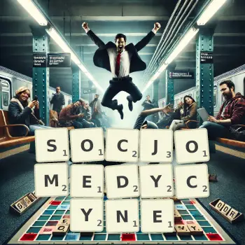 Kreatywna ilustracja do gry w Scrabble ze słowem SOCJOMEDYCYNE ułożonym z płytek na planszy.