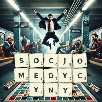 Kreatywna ilustracja do gry w Scrabble ze słowem SOCJOMEDYCYNY ułożonym z płytek na planszy.