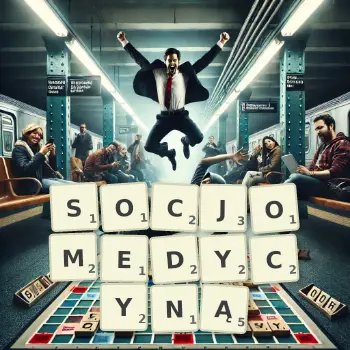 Kreatywna ilustracja do gry w Scrabble ze słowem SOCJOMEDYCYNĄ ułożonym z płytek na planszy.