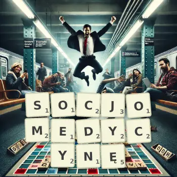 Kreatywna ilustracja do gry w Scrabble ze słowem SOCJOMEDYCYNĘ ułożonym z płytek na planszy.