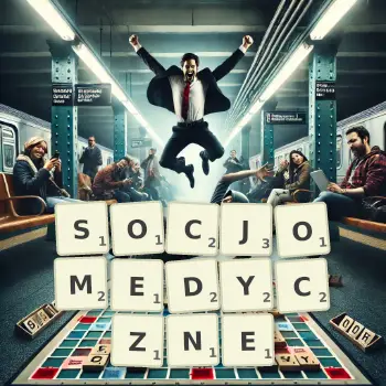 Kreatywna ilustracja do gry w Scrabble ze słowem SOCJOMEDYCZNE ułożonym z płytek na planszy.