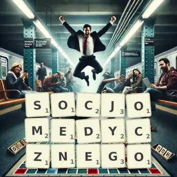 Kreatywna ilustracja do gry w Scrabble ze słowem SOCJOMEDYCZNEGO ułożonym z płytek na planszy.