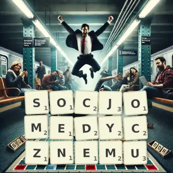 Kreatywna ilustracja do gry w Scrabble ze słowem SOCJOMEDYCZNEMU ułożonym z płytek na planszy.
