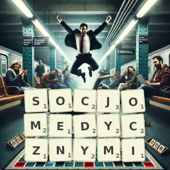 Kreatywna ilustracja do gry w Scrabble ze słowem SOCJOMEDYCZNYMI ułożonym z płytek na planszy.