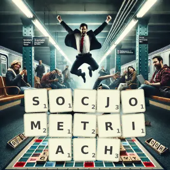 Kreatywna ilustracja do gry w Scrabble ze słowem SOCJOMETRIACH ułożonym z płytek na planszy.
