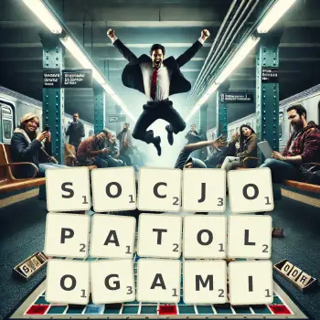 Kreatywna ilustracja do gry w Scrabble ze słowem SOCJOPATOLOGAMI ułożonym z płytek na planszy.
