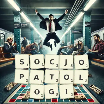 Kreatywna ilustracja do gry w Scrabble ze słowem SOCJOPATOLOGI ułożonym z płytek na planszy.