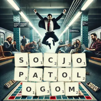 Kreatywna ilustracja do gry w Scrabble ze słowem SOCJOPATOLOGOM ułożonym z płytek na planszy.