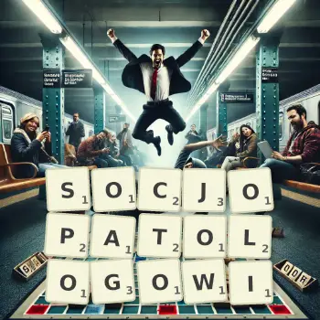 Kreatywna ilustracja do gry w Scrabble ze słowem SOCJOPATOLOGOWI ułożonym z płytek na planszy.