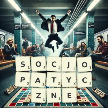 Kreatywna ilustracja do gry w Scrabble ze słowem SOCJOPATYCZNE ułożonym z płytek na planszy.
