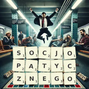 Kreatywna ilustracja do gry w Scrabble ze słowem SOCJOPATYCZNEGO ułożonym z płytek na planszy.