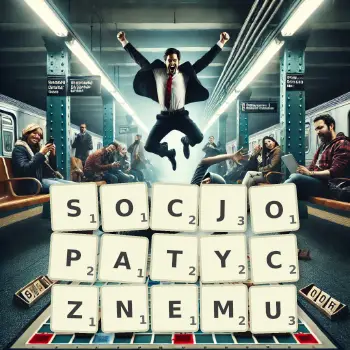 Kreatywna ilustracja do gry w Scrabble ze słowem SOCJOPATYCZNEMU ułożonym z płytek na planszy.
