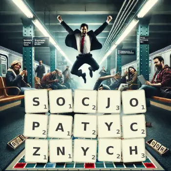 Kreatywna ilustracja do gry w Scrabble ze słowem SOCJOPATYCZNYCH ułożonym z płytek na planszy.