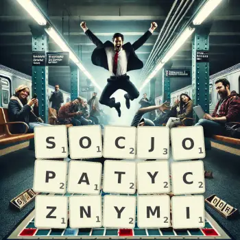 Kreatywna ilustracja do gry w Scrabble ze słowem SOCJOPATYCZNYMI ułożonym z płytek na planszy.