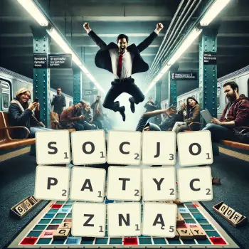 Kreatywna ilustracja do gry w Scrabble ze słowem SOCJOPATYCZNĄ ułożonym z płytek na planszy.