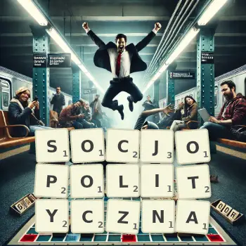 Kreatywna ilustracja do gry w Scrabble ze słowem SOCJOPOLITYCZNA ułożonym z płytek na planszy.
