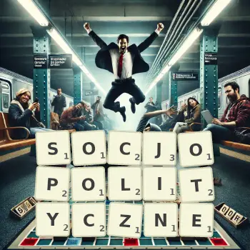 Kreatywna ilustracja do gry w Scrabble ze słowem SOCJOPOLITYCZNE ułożonym z płytek na planszy.