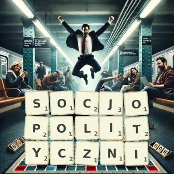 Kreatywna ilustracja do gry w Scrabble ze słowem SOCJOPOLITYCZNI ułożonym z płytek na planszy.