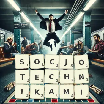 Kreatywna ilustracja do gry w Scrabble ze słowem SOCJOTECHNIKAMI ułożonym z płytek na planszy.