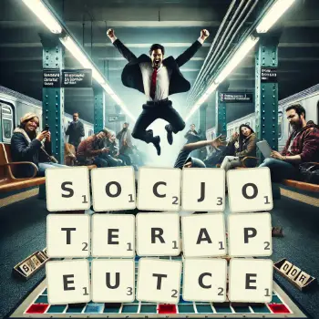 Kreatywna ilustracja do gry w Scrabble ze słowem SOCJOTERAPEUTCE ułożonym z płytek na planszy.