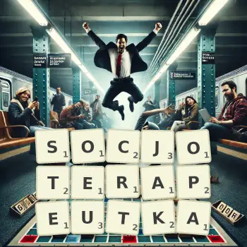 Kreatywna ilustracja do gry w Scrabble ze słowem SOCJOTERAPEUTKA ułożonym z płytek na planszy.