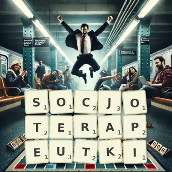 Kreatywna ilustracja do gry w Scrabble ze słowem SOCJOTERAPEUTKI ułożonym z płytek na planszy.