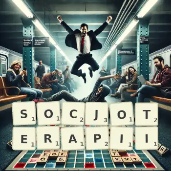 Kreatywna ilustracja do gry w Scrabble ze słowem SOCJOTERAPII ułożonym z płytek na planszy.